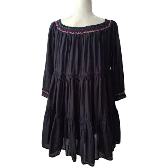 Free People Sunbeam Black Embroidered Off Shoulder Boho Peasant Tunic Dress M - Picture 7 of 9